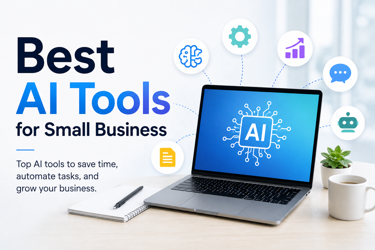 Best AI tools for small business with automation, analytics, and productivity icons.