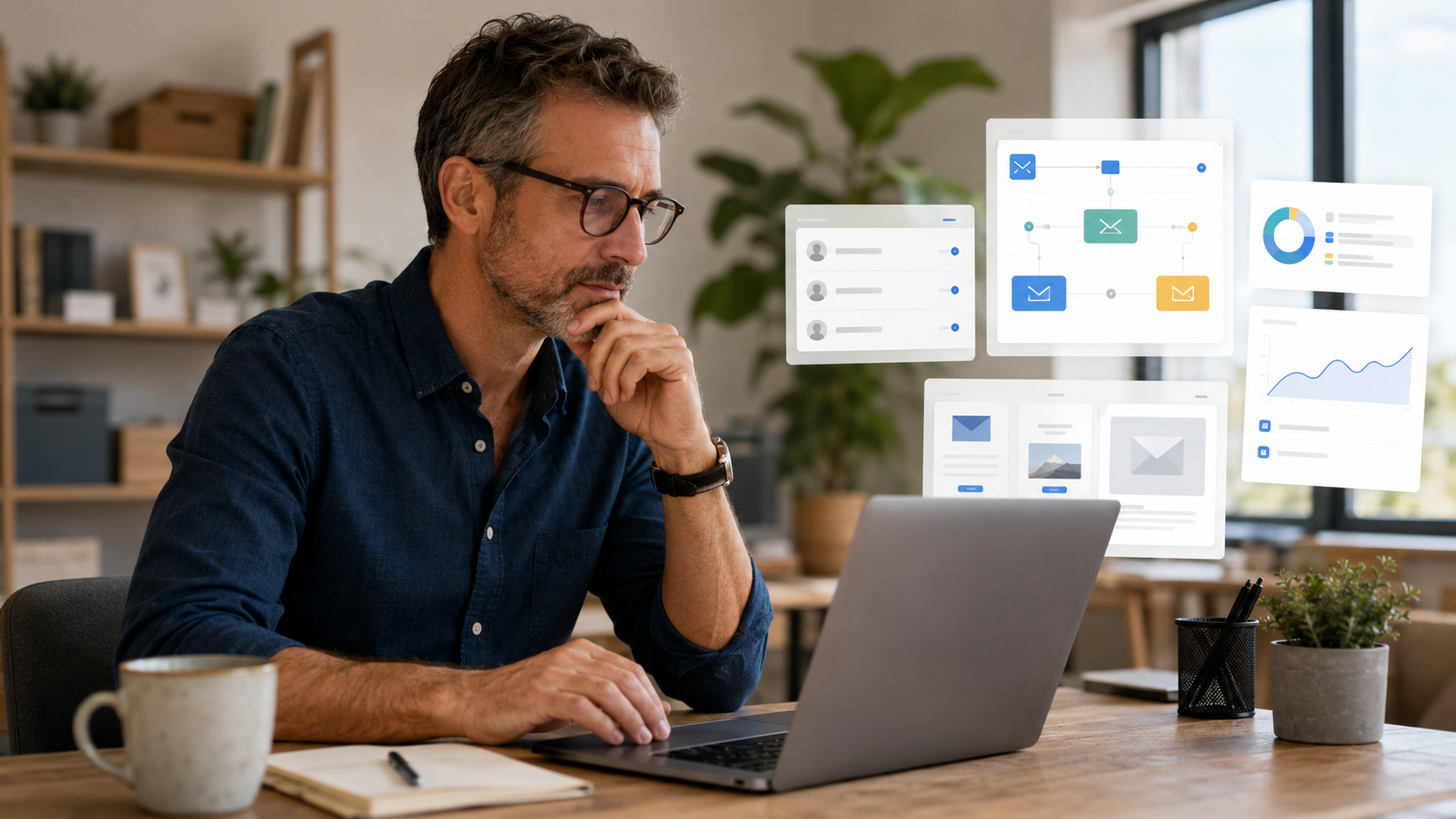 Small business owner comparing email marketing software and automation tools.