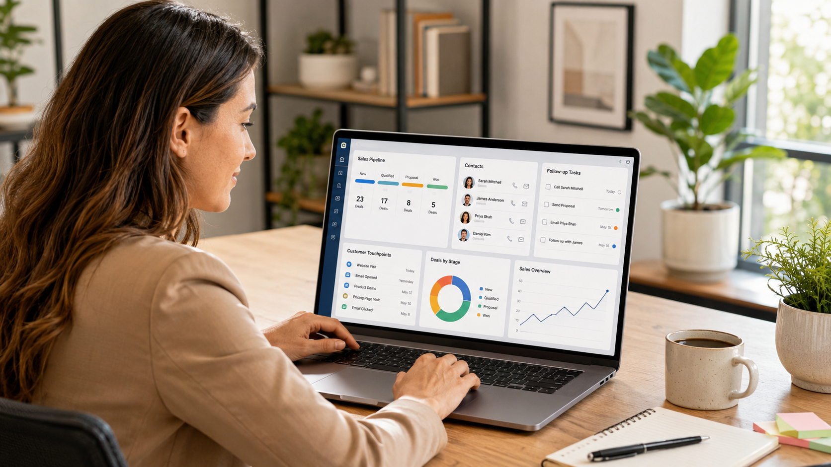 Small business owner managing customers inside a CRM dashboard.