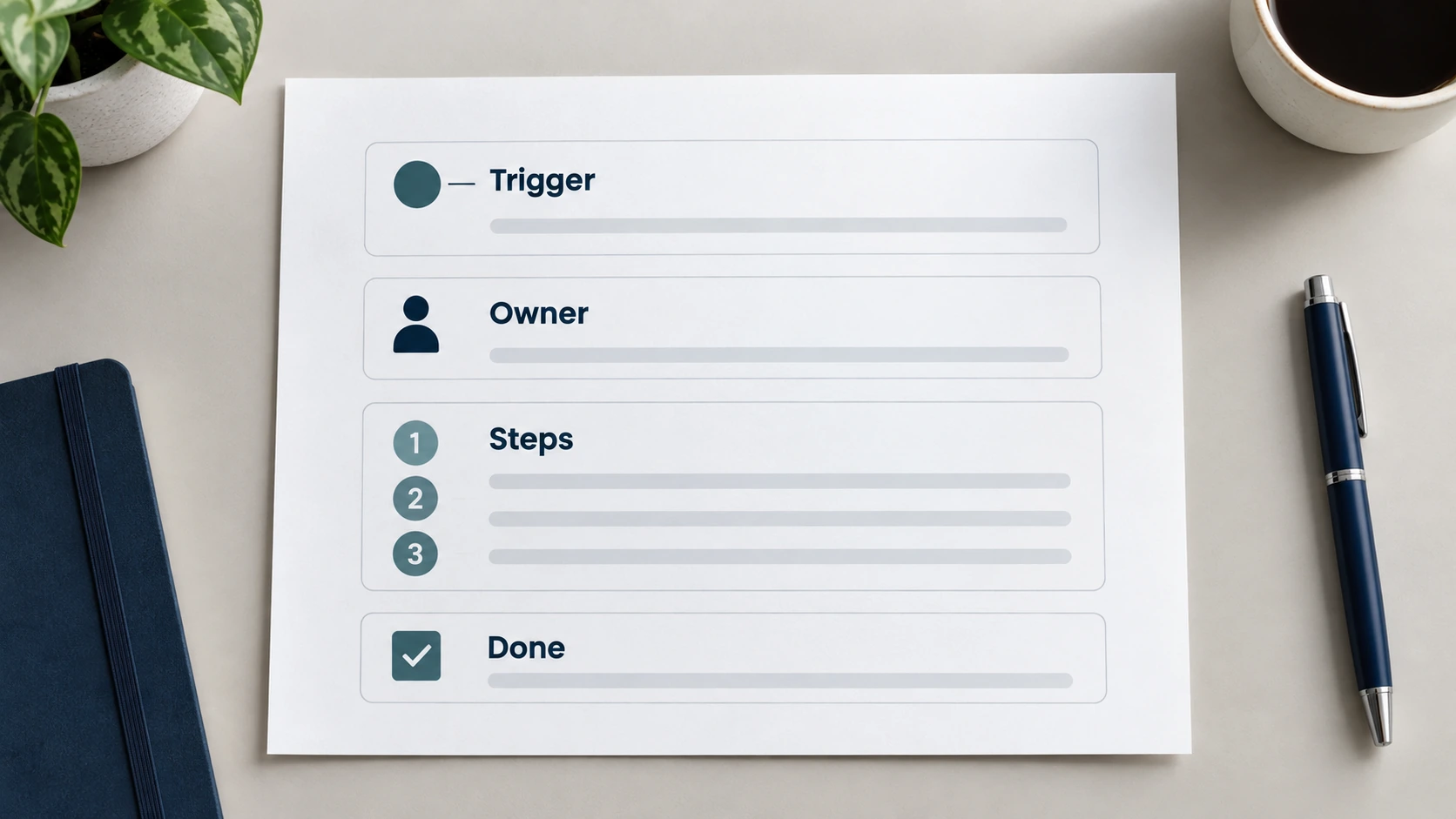 Simple business process document showing a trigger, an owner, numbered steps, and a finish condition.